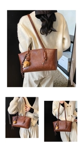 Detailed view of a brown faux leather tote bag with a cute bear pendant and rope detail