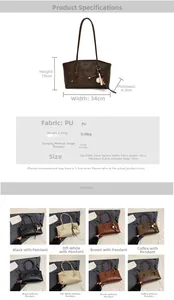 Detailed size chart for large PU tote bag including width height and color options