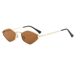 Polygonal metal sunglasses with gold frames and brown lenses in a 45-degree view