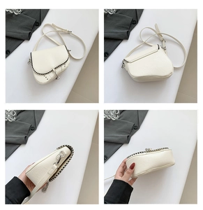 Vue en quatre plans du sac selle blanc avec clous argentés et texture cuir grainé