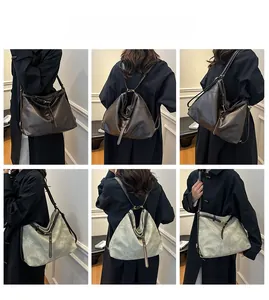 Detailed multi-angle view of a large retro denim tote bag in dark brown and light grey
