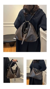 Detailed view of dark brown leather tote bag showing backpack and shoulder bag conversion
