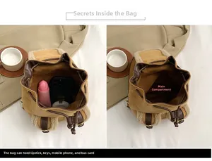 Interior detail of vintage brown suede backpack with faux fur trim and drawstring closure
