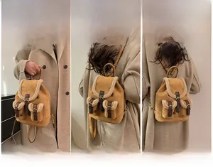 Brown faux shearling backpack showing handbag, shoulder, and backpack carrying styles