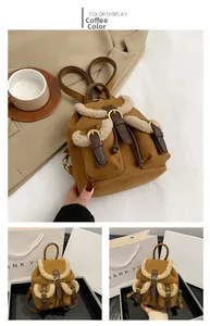 Detail of coffee brown vintage plush backpack with white faux fur trim and leather straps