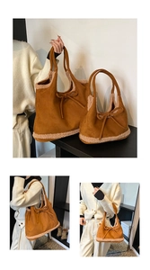 Detail of suede tote bag with faux fur trim and bow accent in two different sizes
