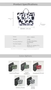 Detailed size specifications for large tote bag featuring dimensions and multiple print patterns