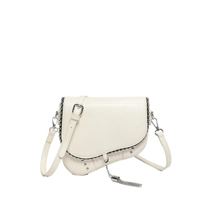 Sac à main selle rétro crème avec clous argentés et franges en chaîne métallique chic