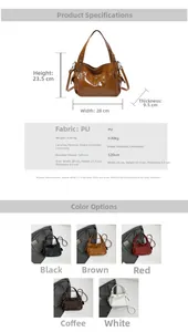 Detailed dimension chart and multi-color options for stylish PU leather crossbody bag
