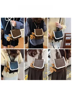 Detailed views of vintage brown mini backpack with white fleece trim and bear keychain