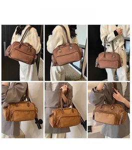 Vintage brown suede shoulder bag shown with various outfits to display size and style