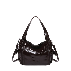 Glossy dark brown PU leather tote bag with side zipper pockets and adjustable strap