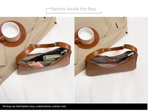 Detail view of brown leather half-moon bag interior showing capacity for daily essentials