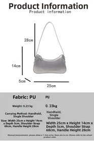 Detail showing dimensions and silver metallic PU leather surface of the crescent moon bag