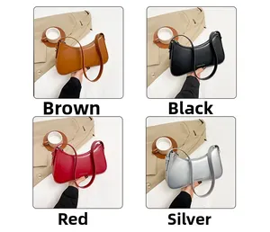 Collage showing stylish armpit bags in brown, black, red, and silver textures