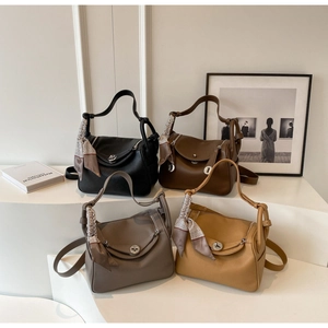 Litchi pattern leather handbags in black, brown, grey and yellow with silk scarves
