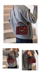Three views showing burgundy glossy patent leather square bag with gold lettering