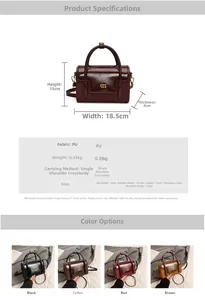 Detailed chart showing PU leather handbag dimensions, technical specs, and four color options