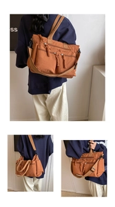 Brown multi-pocket tote bag shown in three views: crossbody, shoulder, and handbag styles