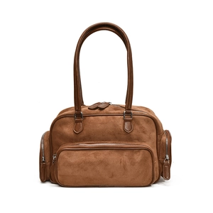 Vintage brown suede shoulder bag with multiple zippers and large capacity design