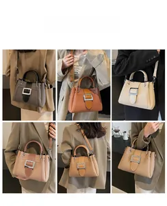 Detailed grid view of stylish bucket bags in six colors with metallic buckle and round handle