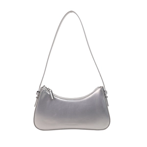 Minimalist silver metallic leather baguette underarm bag with sleek shoulder strap