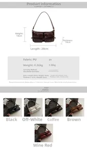 Size chart showing PU leather shoulder bag dimensions 28x14x14cm and five available colors