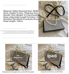 Zilveren strass avondtas afmetingen 26x16,5x9cm met parelhandvat en afneembare schouderriem