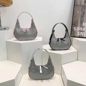 Sparkling rhinestone crescent hobo bags in pink, black, and silver for women