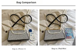 Detailed size comparison of silver sequin evening bag with iPhone and iPad mini