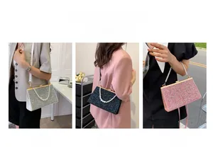 Elegant sequin evening bag shown in three styles: shoulder, crossbody, and pearl handle carry