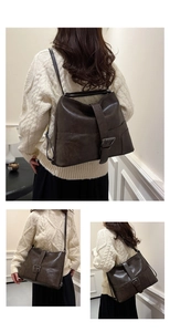 Detail of vintage brown PU leather backpack showing flip-top metal buckle and versatile straps