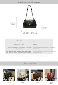 Quilted chain shoulder bag details with 29x18x8cm dimensions and metal lock closure