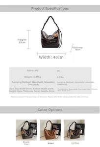 Detailed dimensions of this large brown PU leather hobo bag with pleated handle and strap