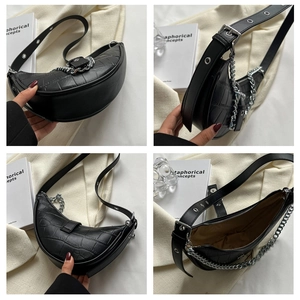 Detailed four-angle view of black crocodile pattern dumpling bag with silver chain