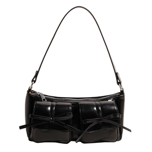 Glossy black PU leather shoulder bag with decorative bows and silver hardware