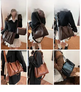 Detailed views of vintage crocodile embossed tote bags in black and brown colors
