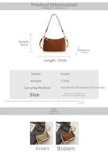 Infographic showing dimensions of retro suede shoulder bag with faux fur trim detailing