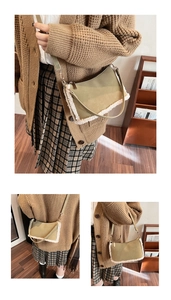Detail of vintage green frosted shoulder bag with white faux shearling trim and gold hardware