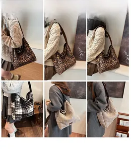 Collage of chic tote bags in leopard and checkered patterns shown on a model