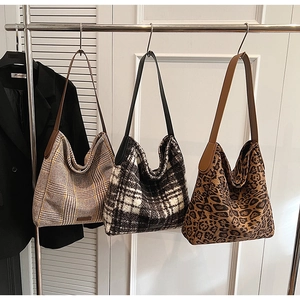 Three stylish hobo tote bags featuring houndstooth, plaid, and leopard print patterns