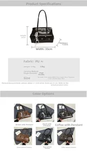 Detailed size chart and multi-color view of minimalist PU leather messenger tote bag