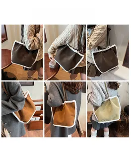 Suede tote bags with faux fur trim shown in three colors on a model for autumn style