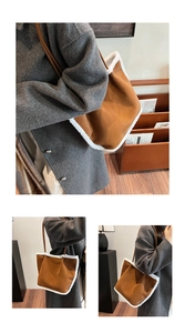 Detailed view of brown suede tote bag featuring white faux fur trim and slender shoulder straps