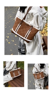 Detail of faux shearling trim and floral embossing on the large brown winter tote bag