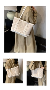 Detail of winter cream tote bag featuring plush faux fur trim and quilted pattern texture