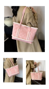Detail of floral texture and white plush trim on the large pink commuter tote bag