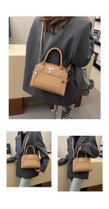 Three-way view of a brown lychee pattern handbag with a metal lock for daily commute