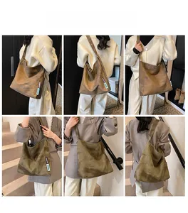 Detail of corduroy crossbody tote bag with adjustable strap and minimalist side label