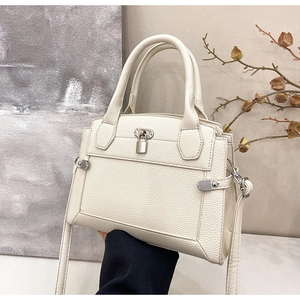Detailed macro of creamy white lychee grain leather texture with silver padlock hardware